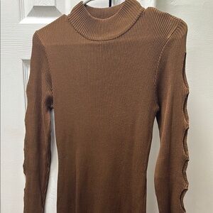 Brown Ribbed Long Sleeve Dresss with Cut-Out Details